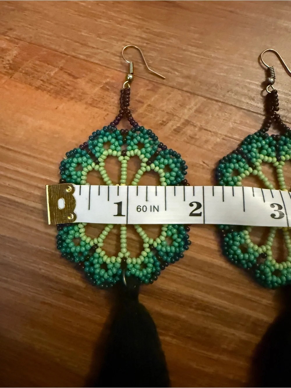 MEXICANA Green Yellow Black Beaded Floral Tassel Earrings